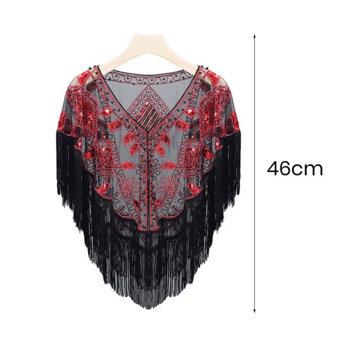 Châle À Paillettes Pour Femmes Des Années 1920, Glands Perlés, Franges En Fausses Perles, Couleur Unie, Maille Transparente, Cape Enveloppante, Col En V, Cape Transparente-Rouge