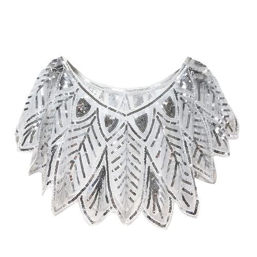 Châle De Fête À Paillettes Pour Femmes, Manteau Court Et Fin D'été, Col En V, Transparent, En Forme De Feuille De Gaze, Capelet Perlé Brodé, Cape Scintillante-Argent