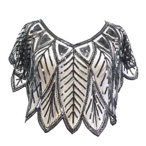 Châle De Fête À Paillettes Pour Femmes, Manteau Court Et Fin D'été, Col En V, Transparent, En Forme De Feuille De Gaze, Capelet Perlé Brodé, Cape Scintillante-Noir