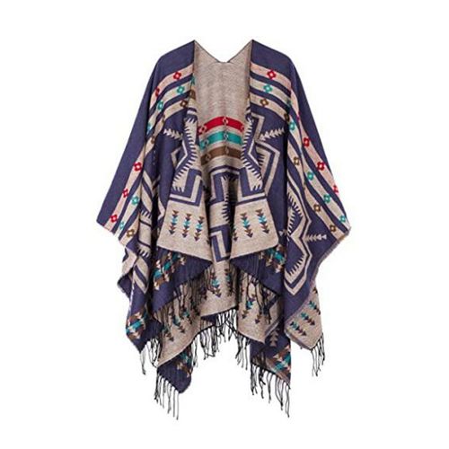 Femmes Châle Vintage Imprimé Gland Ourlet Irrégulier Lâche Géométrique Contraste Couleur Imitation Cachemire Ouvert Sticth Automne Hiver Cape Poncho-Bleu