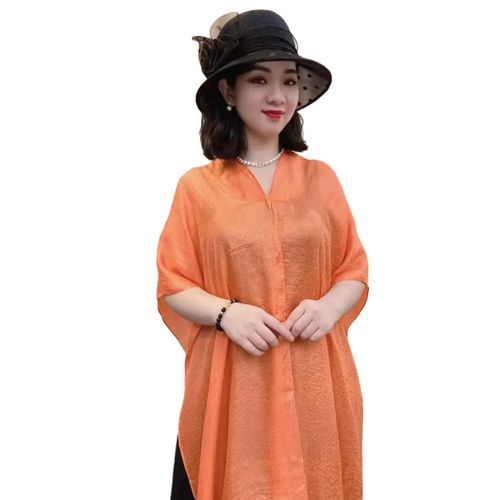 Châle D'été Col En V Avec Boutons, Léger, Protection Solaire, Châle De Plage Polyvalent, Couleur Unie, Châle De Protection Solaire Pour Vacances-Orange