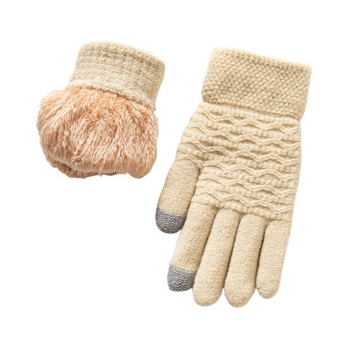 1 Paire De Gants D'hiver Pour Femmes Double Couche Épaissie En Peluche Jacquard Tricoté Cinq Doigts Unisexe Antidérapant Par Temps Froid Conduite Golf Ski Gants De Patinage-22 Cm Beige