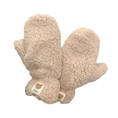 1 Paire De Mitaines De Cyclisme D'hiver Avec Sangle De Suspension Au Cou, Peluche Épaisse, Décor D'ours De Dessin Animé, Coupe-Vent Tricoté Antidérapant Par Temps Froid, Conduite, Golf, Ski, Patinage-Beige
