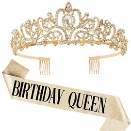 Couronnes Diadème D'anniversaire En Strass Brillant Pour Femmes, Ensemble De Ceintures, Couronne De Princesse Avec Peignes, Décoration De Fête D'anniversaire Pour Filles, 2 Pièces/Ensemble-Doré