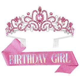 Couronnes Diadème D'anniversaire En Strass Brillant Pour Femmes, Ensemble De Ceintures, Couronne De Princesse Avec Peignes, Décoration De Fête D'anniversaire Pour Filles, 2 Pièces/Ensemble-Rose