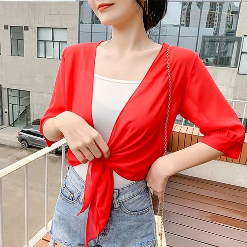 Châle Court Pour Femmes, Cardigan De Couleur Unie, Cape Anti-Uv Pour Vêtements De Maison-Rouge Xl