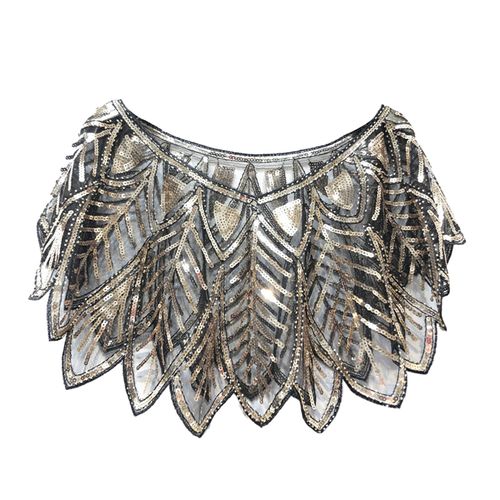 Châle De Fête À Paillettes Pour Femmes, Manteau Court Et Fin D'été, Col En V, Transparent, En Forme De Feuille De Gaze, Capelet Perlé Brodé, Cape Scintillante-Noir Doré