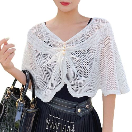 Cardigan De Protection Solaire De Couleur Unie, Demi-Manches, Manteau Châle Super Fin, Protection Solaire, Maille Respirante, Couverture De Robe D'été, Vêtements Décontractés Pour Femmes-Blanc