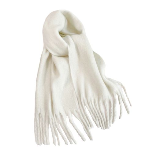Écharpe D'hiver Super Douce De Couleur Unie Pour Femmes, Châle Élégant Avec Pompon, Épais, Chaud Et Respirant, Accessoires De Tenue-Blanc