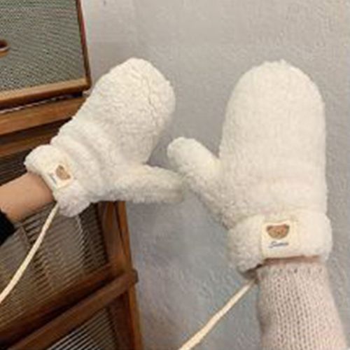 1 Paire De Mitaines De Cyclisme D'hiver Avec Sangle De Suspension Au Cou, Peluche Épaisse, Décor D'ours De Dessin Animé, Coupe-Vent Tricoté Antidérapant Par Temps Froid, Conduite, Golf, Ski, Patinage-Blanc