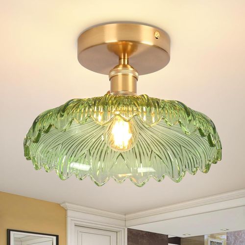 Ytseazn-Plafonnier Vintage E27 25cm Luminaire Plafonnier Rétro Avec Abat-Jour En Verre Vert,Lampe Plafond Vintage Pour Entrée Couloir Salon Salle Chambre Décorer Maison Couloir(25cm)