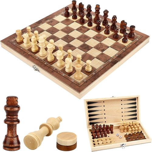 Ytseazn-Jeu D'échecs,3 En 1 Echecs En Bois Échecs Dames Jacquet,Pliable Portable Ensemble D'échiquier,Chess Board Pour Enfants Adultes Fête Voyage-29x29x2cm