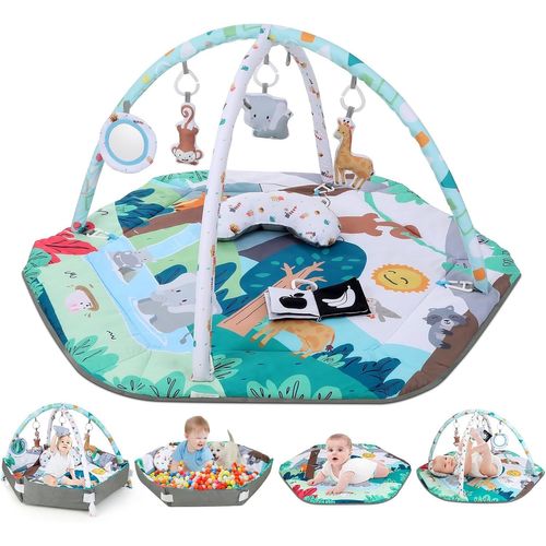 ytseazn-Tapis D'Éveil Bébé,Tapis D¿Éveil 4 En 1 Avec 6 Jouets,Tapis D'Éveil Bébé Évolutif,Tapis De Jeu Pliable Au Design Zoo,Arche D'Éveil Bébé Adapté Aux Bébés De 0 À 18 Mois