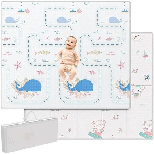 Ytseazn-200x180x1.5 Cm Tapis Bebe,Xxl Tapis Jeux,Ours Polaire Tapis Bebe Pliable Avec Sac De Transport,Tapis Sol Bebe Impermeable,Tapis De Motricité Bébé