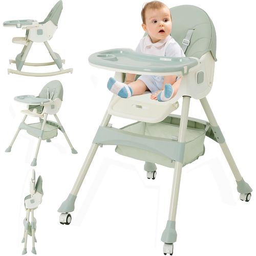 Ytseazn-3 En 1 Chaise Haute Bébé Evolutive Pliable Chaise Haute Transat Avec Roue Verrouillable Et Double Plateau,Inclinable Enfant Chaise Reglable Hauteur De 6+ Mois,4 Angles D'inclinaison