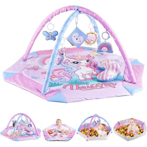 Ytseazn-Tapis D'eveil Bebe Licorne 4 En 1,Arche Eveil Bebe Avec 5 Jouets Suspendus Et Oreiller,Tapis De Jeux Bebe Pliable Et Souple Pour Bébé De 3 À 24 Mois,Tapis Motricité Bébé,Tummy Time Bebe