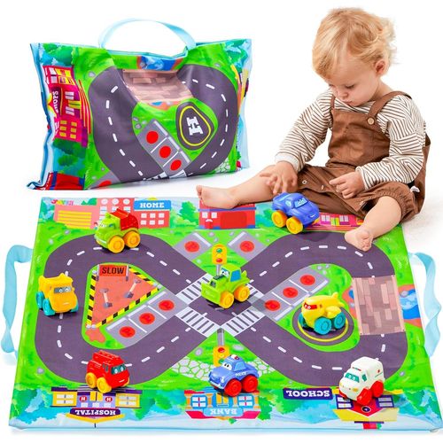ytseazn-Voitures Jouet Enfant Avec Tapis,8 Pièces De Voitures Pour Bébés En Caoutchouc,Tapis Voiture Enfant,Jouets De Bain Avec Tapis De Jeu,Tapis De Voiture Jouets Pour Garçons Et Filles