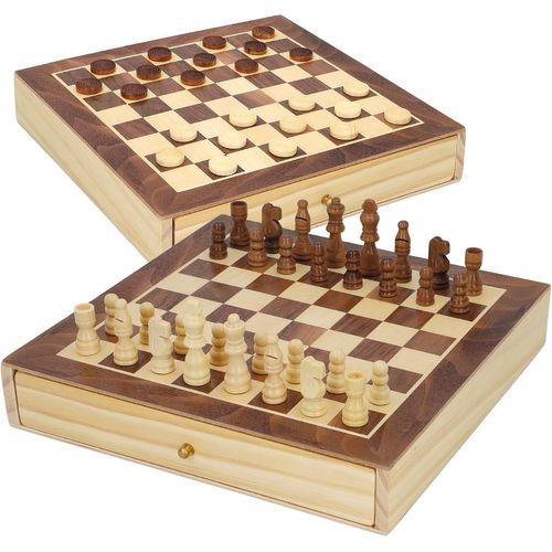 Ytseazn-Cb Games 45594 Jeu De Société D'échecs Et De Dames 2 En 1 En Bois Avec Tiroir 30 X 30 Cm
