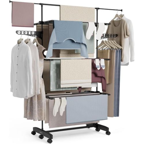 ytseazn-NewluxSechoir À Linge Avec 5 Étages Doubles. Etendoir Linge Interieur Pliable Avec Roues Et Support Pour Cintres Et Vêtements Longs. 18-21 Mètres D¿Étendage,Noir