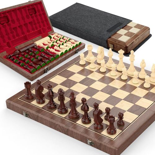 Ytseazn-Ensemble D'échecs Et De Dames Magnétiques En Noyer De Qualité Supérieure-38 Cm-Jeu De Société Pliable En Bois Avec Figurines Staunton,2 Pions Supplémentaires Pour Femme Et Sac De Protection