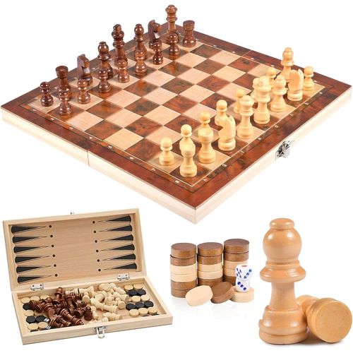 ytseazn-Jeu D'Échecs,3 En 1 Échiquier En Bois Portable,Échecs,Dames,Backgammon,Échiquier Pliable,Echecs En Bois,Échecs De Voyage,Chess Pour Enfants Adultes Fête,29 X 29 X 2 Cm