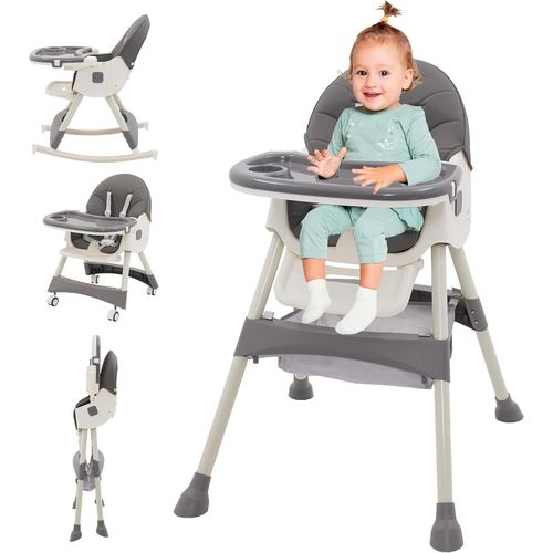 Ytseazn-3 En 1 Chaise Haute Bébé Evolutive Pliable Chaise Haute Transat Avec Roue Verrouillable Et Double Plateau,Inclinable Enfant Chaise Reglable Hauteur De 6+ Mois,4 Angles D'inclinaison,Gris