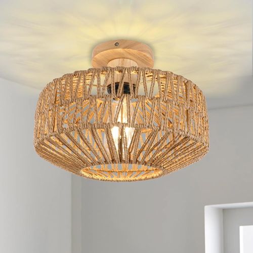 Ytseazn-Luminaire Plafonnier Salon En Rotin Bohème,1 Lumière Plafonnier Chambre À Coucher Tissé À La Main,Lustres En Bois Rustiques Pour Cuisine,Entrée,Couloir