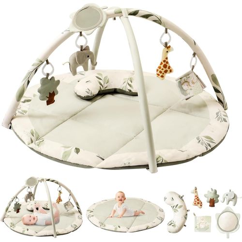 Ytseazn-Tapis D'éveil Bébé,Thème Naturel,Arche Amovible,Tapis De Jeux Avec 5 Jouets D'activité Et Un Coussin,Cadeau Pour Nouveau Né,Enfant,Fille Et Garcon,Dès La Naissance,0-3-6-12 Mois(Vert)