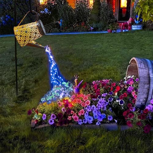 TRAHOO-Watering Can with Lights, Large Solar Lanterns Outdoor Hanging Waterproof, Blue String Lights Decorative Retro Metal Solar Lights for Party Holiday Patio Yard Pathway Walkway Garden Decor(Blue