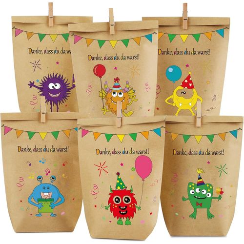 Un lot de 12 sacs en papier kraft marron (22 x 15,5 x 5,5 cm) et imprimé ¿ en multicolore, 12 petites pinces à linge en bois à fermer. Idéal pour la maternelle, l'école et la décoration de la maison..Expédition depuis la France - Livraison sous 10 jours.