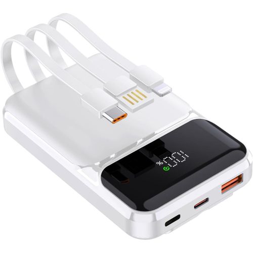 Chenquansarl-Power Bank 10000mah Pd 22,5w Qc4.0 Charge Rapide Sorties Usb C Avec Câbles De Charge Rapide Intégrés Chargeur Portable Batterie Compatible Avec Iphone Samsung Google Pixel Lg (Blanc)