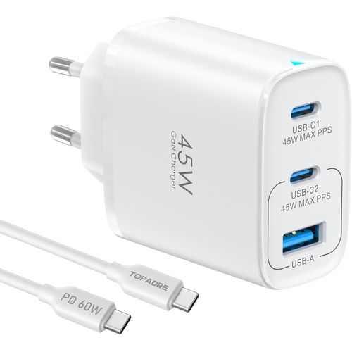 Chenquansarl-45w Chargeur Usb C, 3 Port Chargeur Rapide Pour Iphone 16/16 Plus/16 Pro/16 Pro /15/14/13 Et 60w Câble, Multi Usb C Chargeur Rapide Pour Samsung Galaxy S24/S23/S22/S21 Ultra, Blanc