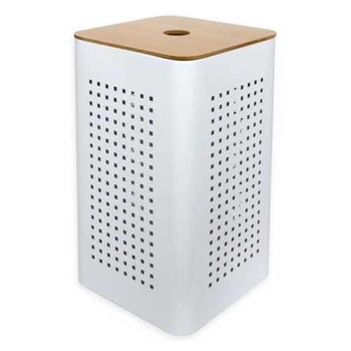 Gelco Design - Panier Ã  linge avec couvercle en bois  - Blanc / Naturel  - Blanc