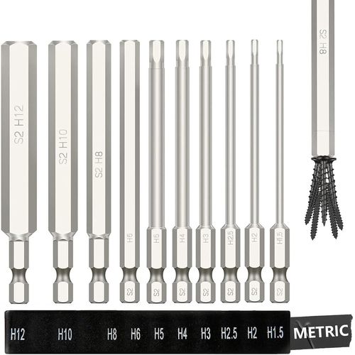 LETNERNY-Lot De 10 Embouts De Tournevis Hexagonaux Métriques Allen De 100 Mm À Tige Hexagonale De 6,35 Mm À 12 Mm - Porte-Embout Magnétique À Dégagement Rapide Pour Assembler Les Meubles Ikea (Argent