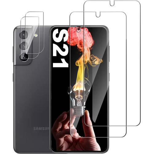 Film Protection Ecran Verre Trempé Samsung S21, [2 Pièces] [Sans Bulles] [9h Dureté] [Compatible Avec Lecteur D?Empreinte] +[Protecteur De Lentille] Pour Samsung Galaxy S21 Verre Trempé