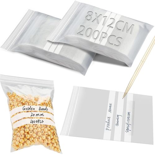 LETNERNY-200 Pièces Pochon Plastique 8X12Cm Sachet Zip Avec Panneau D'Écriture Sachet Refermables Sachet Plastique Transparent Zip Transparent Pochette Zip Pour Ranger Échantillons Nourriture Bijoux