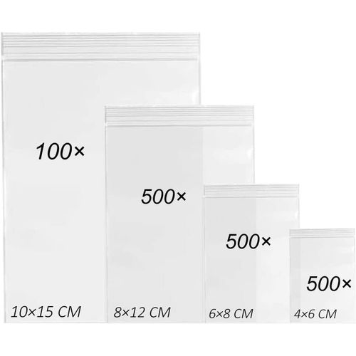 LETNERNY-Lot De 1600 Petits Pochon Plastique Sachet Zip Plastique Transparent Hermetique, 4 Tailles Sachets Plastique Zip Pochon Weed Plastique Refermables Zip - 120 Microns