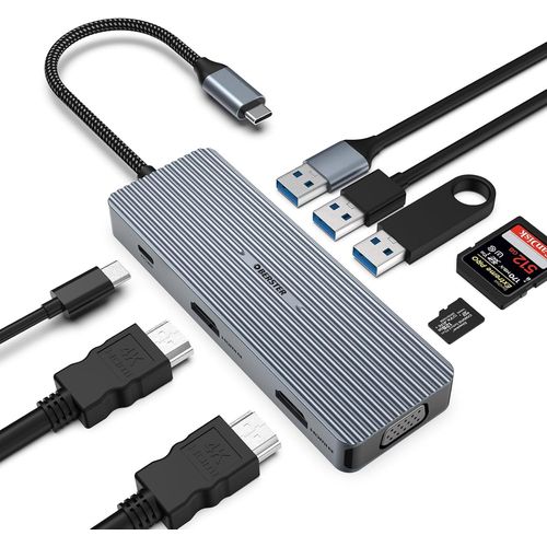 BAERTMY-Hub Usb C, Adaptateur Usb C 9 En 1 Triple Affichage Avec 2 X Hdmi/Vga, Station D'Accueil Rapide Mac Pro/Air 5Gbps Pour Lenovo Et Périphériques De Type C (Sd/Tf+Usb A 3.0/2.0+Pd Charging)