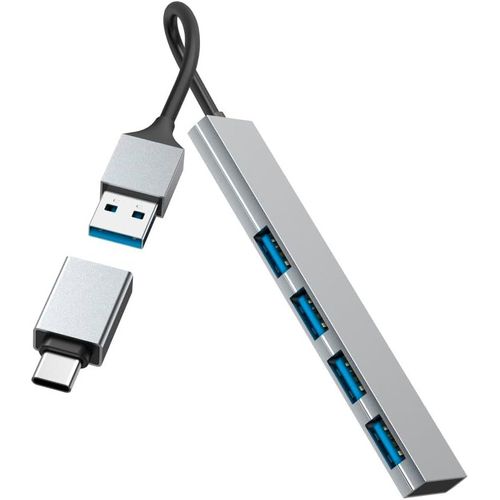 BAERTMY-Hub Usb, 4 Ports, Usb 3.2 Gen1, 5 Gbit/S, Ultra Slim Avec Adaptateur Usb-C, Garantie 30 Ans, Gris