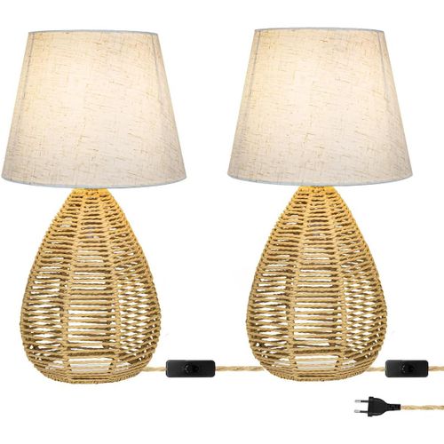Asas-2 Pcs Lampe De Chevet En Rotin Tressé E14 Lampe De Bureau Bohème Rétro Lampe De Table Avec Prise Et Interrupteur Base En Tressé Faite À La Main Lampe De Lecture Pour Intérieur Extérieur