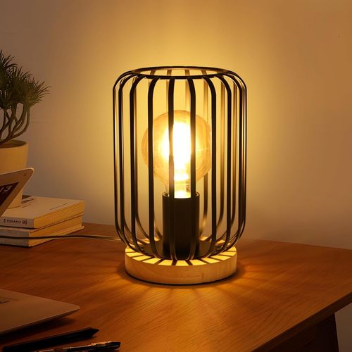 Asas-Lampe De Table Industrielle,Lampe De Chevet Vintage Métal Cage Noir,Bois Et Noir,Interrupteur Et Câble E27 Douille,Chambre,Salon,Étude,Bureau,60w Max