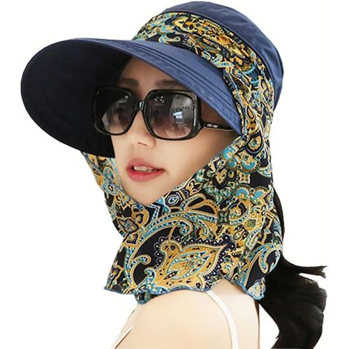 Asas-2 En 1 Femme Chapeau De Soleil Été Pliable Casquette Visière Large Bord Anti-Uv Casquette De Protection Solaire À 360° Avec Cache-Foulard Détachable Pour Plage Voyage Vacances Vélo Camping Jardinage