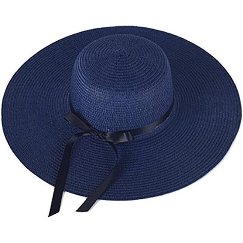 Asas-Femme Soleil Chapeau Été En Paille Chapeau De Plage Pliable Anti Uv Large Bord Bleu Profond