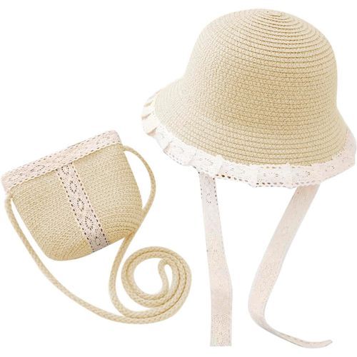 Asas-Chapeau De Paille Fille Ensemble Soleil Chapeau Et Petit Sac Enfant Avec Bordure En Dentelle Bonnet De Paille Respirant À Large Bord Casquette Du Soleil Extérieur Plage Voyage