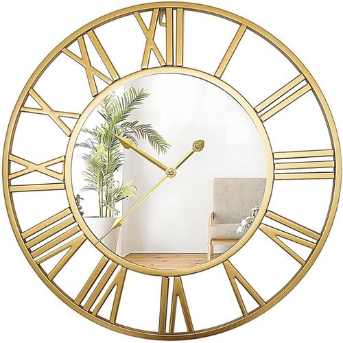 asas-Horloge Murale Moderne Silencieuse Avec Miroir Pendules Murales Doré Vintage Ronde 50cm Avec Grandes Chiffres Romain Métal Pendaison Horloge Décoration Pour Salon Cuisine