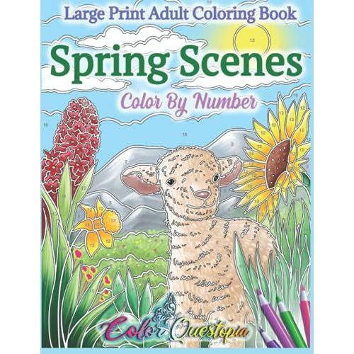 Spring Scenes Color By Number Large Print Adult Coloring Book: 35 Designs Including Blooming Flowers, Picnics, Cute Animals, Outdoor Cafes, Gardening, And More!