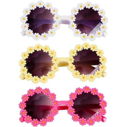 Asas-3pcs Lunettes De Soleil Marguerite,Lunettes De Fête Fleur,Lunettes De Soleil Rondes Classiques,Lunettes Rétro À Fleurs,Lunette Rigolote,Lunettes De Soleil,Pour Convient Aux Enfants