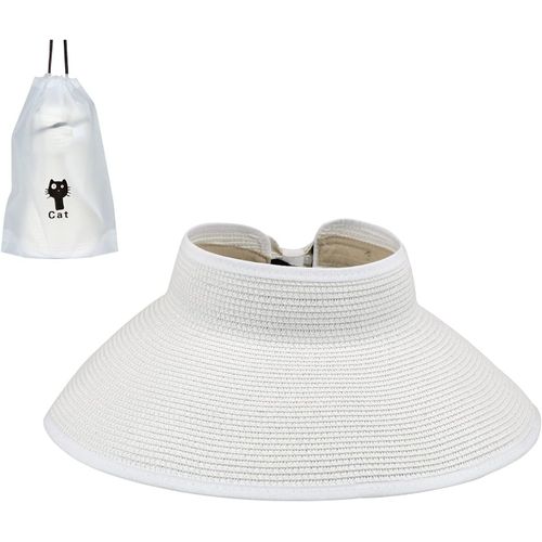 Asas-Chapeau De Paille Avec Large Bord Pour Femme-Pliable-Pour Queue De Cheval-Avec Un Sac De Rangement-Pour L'été-Noir/Blanc/Beige