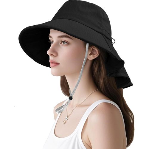 Asas-Chapeau Soleil Femme Coton Bobs Femme Ete Large Bord Pliable Lady Bucket Hat Avec Cou Et Mentonnier Réglable Pour L'extérieur Plage Jardinage Et Safari