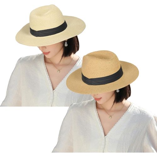 Asas-Chapeau De Soleil Panama À Large Bord,Chapeau De Soleil Fedora Avec Ruban Gros-Grain Pour Vacances D'été À La Plage,Ajustement Réglable,Beige + Kaki